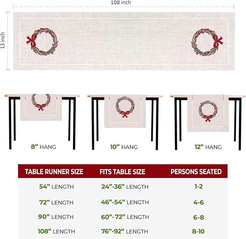 Holiday Wreath Embroidered Christmas Table Runner - Perfect for Rustic Christmas Decor, Farmhouse Decor, and Winter Christmas Decorations - Hemstitch, Natural Beige (13 x 108 Inches Long) in Saudi Arabia