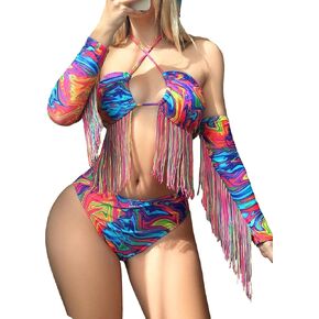 SHENHE Women's 5 Piece Tie Dye Fringe Trim Criss Cross Tie Halter Bandana Oversleeves Bikini Set