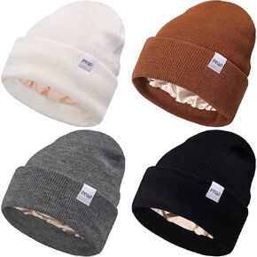 FEQO 4 Pack Satin Lined Winter Beanie Hats Soft Silk Lined Beanies Knit Warm Cuffed Hats for Women Men