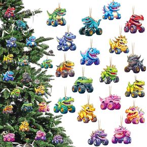 Pinkunn 36 Pcs Christmas Vehicle Wood Ornaments Set Construction Truck Monster Truck Fire Truck Army Vehicle Police Car Transportation Car Hanging Ornaments Gifts for Tree Decor(Monster Truck)