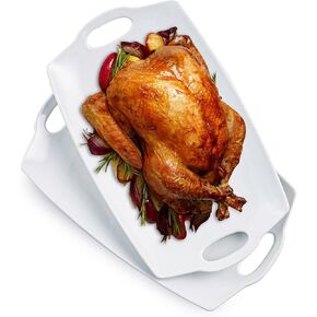 Turkey Serving Platter for Entertainment, Thanksgiving Serving Tray with Handles Large, Party, Display, LYEOBOH 16 inch Rectangle Porcelain Platters Set of 2, White