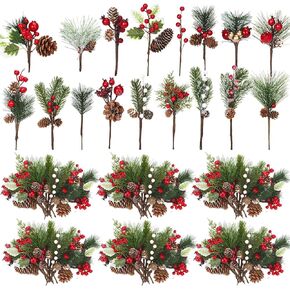 Lyrow 100 Pcs Christmas Floral Picks Christmas Tree Picks and Sprays Artificial Christmas Picks Pine Spray Picks Red Berry Picks Stems Garland Holly Picks for Christmas Wreath Decorations, 17 Styles