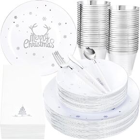 Nervure 175PCS Christmas Plastic Plates - Green and Gold Disposable Plates & Gold Plastic Silverware with Green Handle include 50 Plates 25Knives 25Forks 25Spoons 25Napkins for Christmas Party