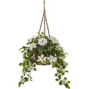 Nearly Natural 3.5ft. Poinsettia and Variegated Holly Artificial Plant in Hanging Basket (Real Touch)