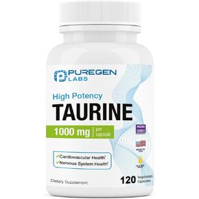 Puregen Labs Taurine 1000mg [High Potency] 120 Veg Capsules | No Harmful Additives | Non-GMO, NO Gluten and Dairy, Supports Heart Health and Muscle Recovery | 120 Servings | Made in USA