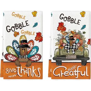 Artoid Mode Turkey Gobble Thanksgiving Kitchen Towels Dish Towels, 18x26 Inch Greatful Fall Truck Pumpkin Decoration Hand Towels Set of 2
