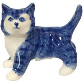 Ceramic Figurine Dollhouse cat Delft Blue White Collectible Miniature Bonsai Garden Handmade Painted Gift no 4