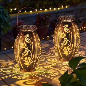 pearlstar 2 Pack Solar Lanterns Hanging Light Outdoor Waterproof Decorative Metal Solar Lamp for Table Garden Yard Patio Pathway,Copper,Birthday Gifts for Women Mom Men,Flower