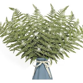 12Pcs Christmas Glitter Leaves 43cm Artificial Boston Fern Bush Tropical Leaves Fake Leaf Picks Sprays for Xmas Tree Decoration Flower Arrangment New Year Holiday Home Decor (Light Green)