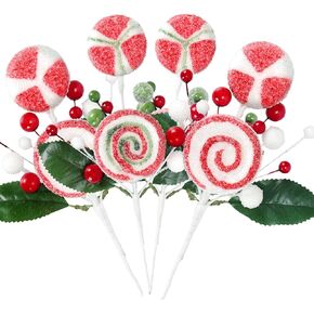 Christmas Candy Picks, 4 Pcs Candy Lollipop Spray Red White Fake Swirl Xmas Sweets Craft Artificial Ice Snowy Berry Picks and Spray for Christmas Tree Winter Holiday Decor Vase Fillers (Multicolor)