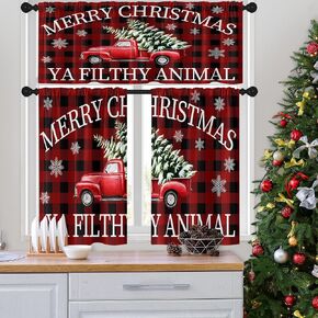 Christmas Kitchen Curtains Christmas Tree Grey RedWindow Curtains Valance and Tier Set 36 Inch Rod Pocket Short Tier Curtain for Room Kitchen Decor in Saudi Arabia