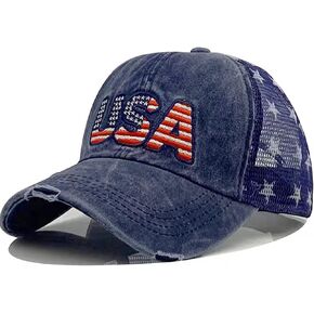 IZUS Distressed Scratch Frayed Baseball Hat Embroidery USA Flag with Star Mesh Back Adjustable Baseball Cap Unisex