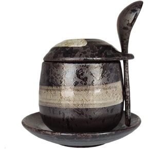 Set of 2 Japanese Style Stoneware Egg Custard Cooker, Medicinal Herbs Tonic Stew Pot, Seasoning Jar. (With Spoon and Saucer)
