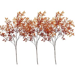 3PCS Artificial Plant Leaves Branche, 43" Faux Nandina Stem Artificial Bamboo Leaves Stems, Shrubs Plants Ficus Twig Fake Autumn Plant for Fireplace Halloween , Vase, Wedding, Home, Office Decor