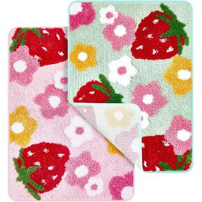 Nuanchu 2 Pcs Pink Bathroom Rugs Cute Flower Strawberry Bath Mat Soft Cozy Absorbent Carpet Shower Bathtub Foot Mat Doormat Non Slip Plush Floor Mat Strawberry Decor(17.72 x 25.59 Inches,Strawberry)