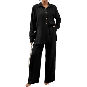 Women’s 2 Piece Outfits Palazzo Pant & Oversized Button Down Shirt Set