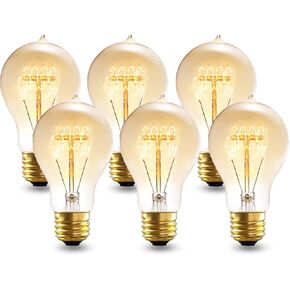 A19 Edison Bulb 40W 6-Pack - Dimmable 120V Amber Glass, Antique Retro Style Old-Fashioned Incandescent Bulb, 2200K Warm Yellow Light, for Home Office Desk Lamp