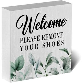 ENGVZ Wood Box Sign - Rustic Farmhouse Style 'Welcome Please Remove Your Shoes' Artwork, 5 x 5 Inches, Durable Decorative Signage for Home, Office, Gift