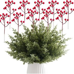 Htmeing 60PCS Artificial Pine Picks Greenery Stems Branches with Red Berry Stems for DIY Craft Garland Projects Arrangement (Small Red Berry)