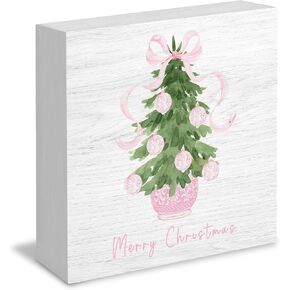 Chinoiserie Blue and White Coquette Red Bow Christmas Tree Wooden Box Signs, Grandmillennial Home Decor, Merry Christmas Wooden Signs for Home Office Desk Table Shelf Decor, 5x5 Inch
