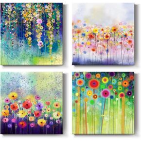 Bright Colorful Flower Wall Decor - Abstract Floral Wall Art Prints, Set of 4 Framed Canvas Paintings Artwork for Walls, Pictures for Kids Bedroom, Kitchen, Restroom, Bathroom, Nursery Wall Decor - 12" x 12"