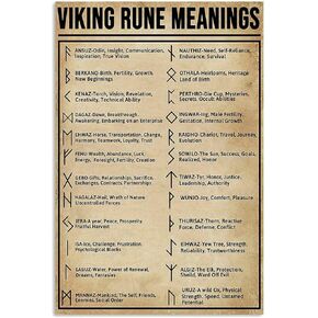 HOUVSSEN Viking Rune Meaning Poster Knowledge Wall Décor Artwork Gift for Lover Chart Metal Tin Sign School Metal Tin Signs 8x12 Inch