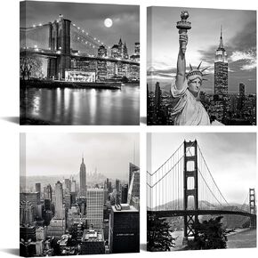 LevvArts Black and White City Wall Art Modern Brooklyn Bridge Picture Prints US Cityscape Canvas Artwork for Bedroom Home Decor