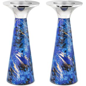 Zion Judaica Modern Versatile Candleholder Set Fits 7/8" Thick Tapered Shabbat Candles or Tealight Candles Marble Decal Silver Holiday Decor Candlestick Holder Shabbos Candle Holders for Rosh Hashanah