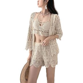 Women's 3 Pieces Bikini Set Hollow Out Cardigan & Crop Top & Floral Shorts Summer Beach Crochet Knit Swimsuits