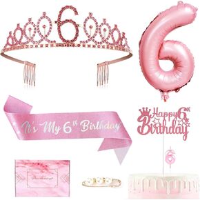 8th Pink Birthday Decorations for Girls Set, Birthday Girl Sash, Rhinestone Pincess 8th Crown Tiara, Cake Topper, Number Candle&Balloon, 8 Year Old Birthday Gifts for Girl Party Favor Supplies