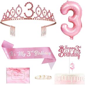 8th Pink Birthday Decorations for Girls Set, Birthday Girl Sash, Rhinestone Pincess 8th Crown Tiara, Cake Topper, Number Candle&Balloon, 8 Year Old Birthday Gifts for Girl Party Favor Supplies