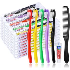 20Pcs Disposable Toothbrushes with Toothpaste and Comb,5g Toothpaste,7inch Hair Comb,Individually Wrapped Single Use Travel Toothbrushes Kit Bulk for Homeless,Airbnb,Hotel,Guests(5 Colors)