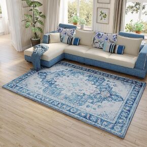 Area Rug 5x7, Vintage Rug with Non Slip Backing, Soft Area Rugs for Bedroom, Low Pile Stain Resistant Farmhouse Rug for Living Room, Farmhouse, Dining Room, Indoor, Kids Playroom