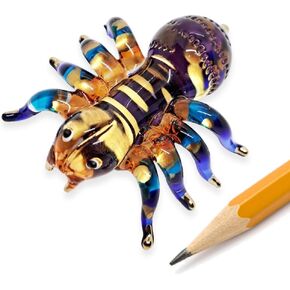 WitnyStore Tiny 1¾" Long Purple Blue Gold Dots Tarantula Spider Figurine - Miniature Hand Blown Glass Spiders Arachnid Arthropod Colorful Crystal Animals Decorative Collectible Figurines Décor Gifts