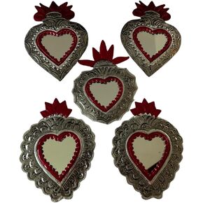 Tin Hearts with Mirror - Handcrafted Milagritos from Oaxaca, Mexico - Sizes Vary from 4 to 6 inches - Random Design (2, Red, Medium)