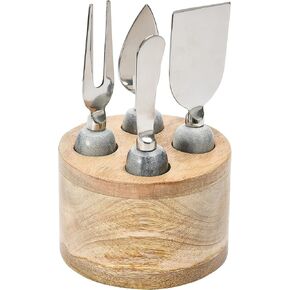 Creative Co-Op Stainless Steel Cheese Servers with Mango Wood Stand Cutlery, Set of 4, Grey & Natural