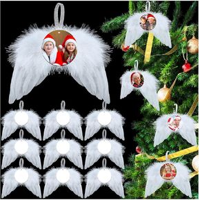 20 Pcs Christmas Angel White Wings Ornament, Angel Feather Wings Feather Hanging Decor with Round Sublimation Blank Pendants for Christmas Tree Crafts Angel Mini Wings Xmas Decor