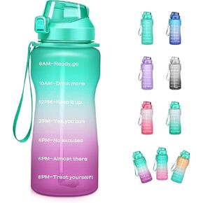 64oz Half Gallon Water Bottle With Sleeve, Water Bottles with Time Marker/Straw/Chug One Lids, Leakproof Tritan BPA Free Reusable Water Jug Easy Carry for Adult and Kids Gym Sports Outdoors