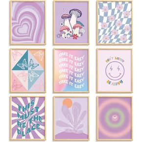 Fainne 9 Pieces Aesthetic Danish Pastel Room Decor Wall Decor Abstract Home Wall Art Decorations for Living Room Bedroom Decorations, 8 x 10 Inches Unframed (Purple Style)