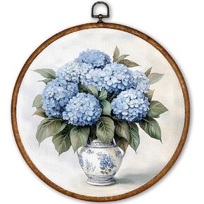 TLESKE Vintage Blue Hydrangea Flowers Round Wall Art Decor, Chinoiserie Spring Floral Framed Canvas Prints Artwork, Blue and White Grand Millenial Grandmillennial Wall Hanging Door Decor for Bedroom, 10x10in