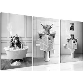 Framed Funny Bathroom Wall Art Set of 3 - Chimpanzee in Toilet Black and White Bathroom Decor, Highland Cow Canvas Paintings Prints Pictures for Bathroom Wall Decor 12x16 Inches