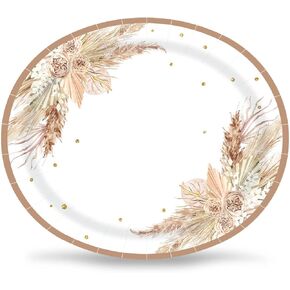 50PCS Boho Party Oval Paper Plates Large 10'' x 12'' Disposable Bohemian Party Platters, Pampas Grass Floral Design Heavy Duty Dish Tray for Baby Shower Birthday Wedding Event