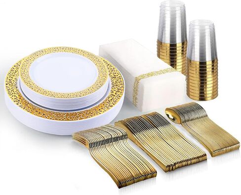 BAYZZ 175 Piece Gold Dinnerware Set,25 Guest Gold Lace Design Plastic Plates,25 Gold Plastic Silverware,25 Gold Cups,25 Gold Napkins,25 Guest Disposable Gold Dinnerware Set in Saudi Arabia