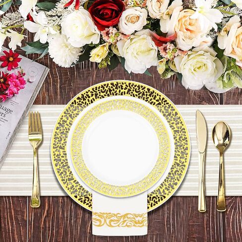BAYZZ 175 Piece Gold Dinnerware Set,25 Guest Gold Lace Design Plastic Plates,25 Gold Plastic Silverware,25 Gold Cups,25 Gold Napkins,25 Guest Disposable Gold Dinnerware Set in Saudi Arabia