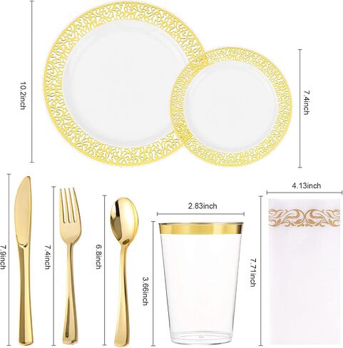 BAYZZ 175 Piece Gold Dinnerware Set,25 Guest Gold Lace Design Plastic Plates,25 Gold Plastic Silverware,25 Gold Cups,25 Gold Napkins,25 Guest Disposable Gold Dinnerware Set in Saudi Arabia