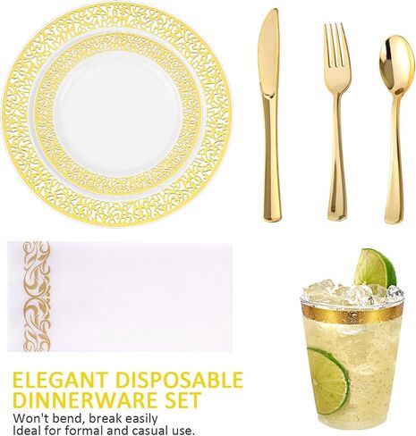 BAYZZ 175 Piece Gold Dinnerware Set,25 Guest Gold Lace Design Plastic Plates,25 Gold Plastic Silverware,25 Gold Cups,25 Gold Napkins,25 Guest Disposable Gold Dinnerware Set in Saudi Arabia