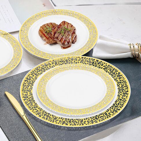 BAYZZ 175 Piece Gold Dinnerware Set,25 Guest Gold Lace Design Plastic Plates,25 Gold Plastic Silverware,25 Gold Cups,25 Gold Napkins,25 Guest Disposable Gold Dinnerware Set in Saudi Arabia