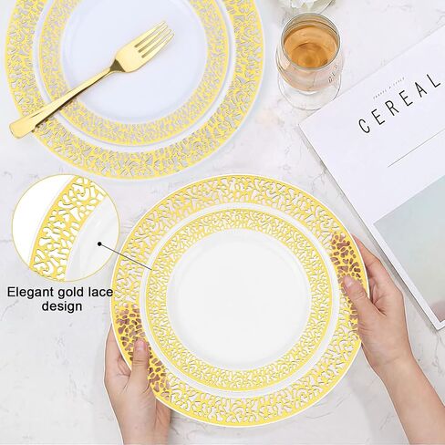 BAYZZ 175 Piece Gold Dinnerware Set,25 Guest Gold Lace Design Plastic Plates,25 Gold Plastic Silverware,25 Gold Cups,25 Gold Napkins,25 Guest Disposable Gold Dinnerware Set in Saudi Arabia