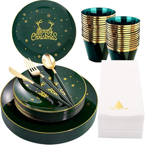 Nervure 175PCS Christmas Plastic Plates - Green and Gold Disposable Plates & Gold Plastic Silverware with Green Handle include 50 Plates 25Knives 25Forks 25Spoons 25Napkins for Christmas Party in Kuwait