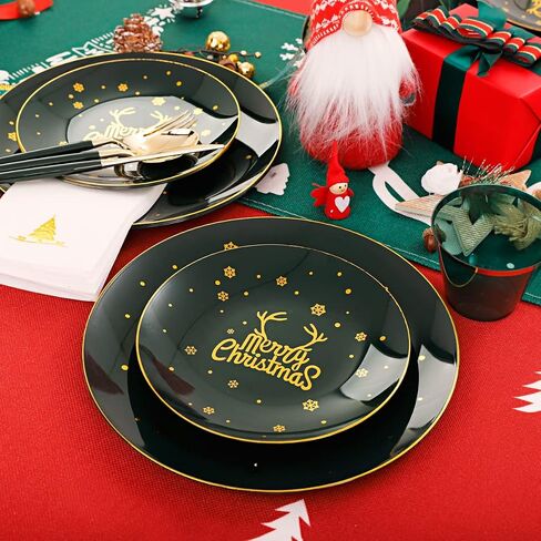 Nervure 175PCS Christmas Plastic Plates - Green and Gold Disposable Plates & Gold Plastic Silverware with Green Handle include 50 Plates 25Knives 25Forks 25Spoons 25Napkins for Christmas Party in Kuwait